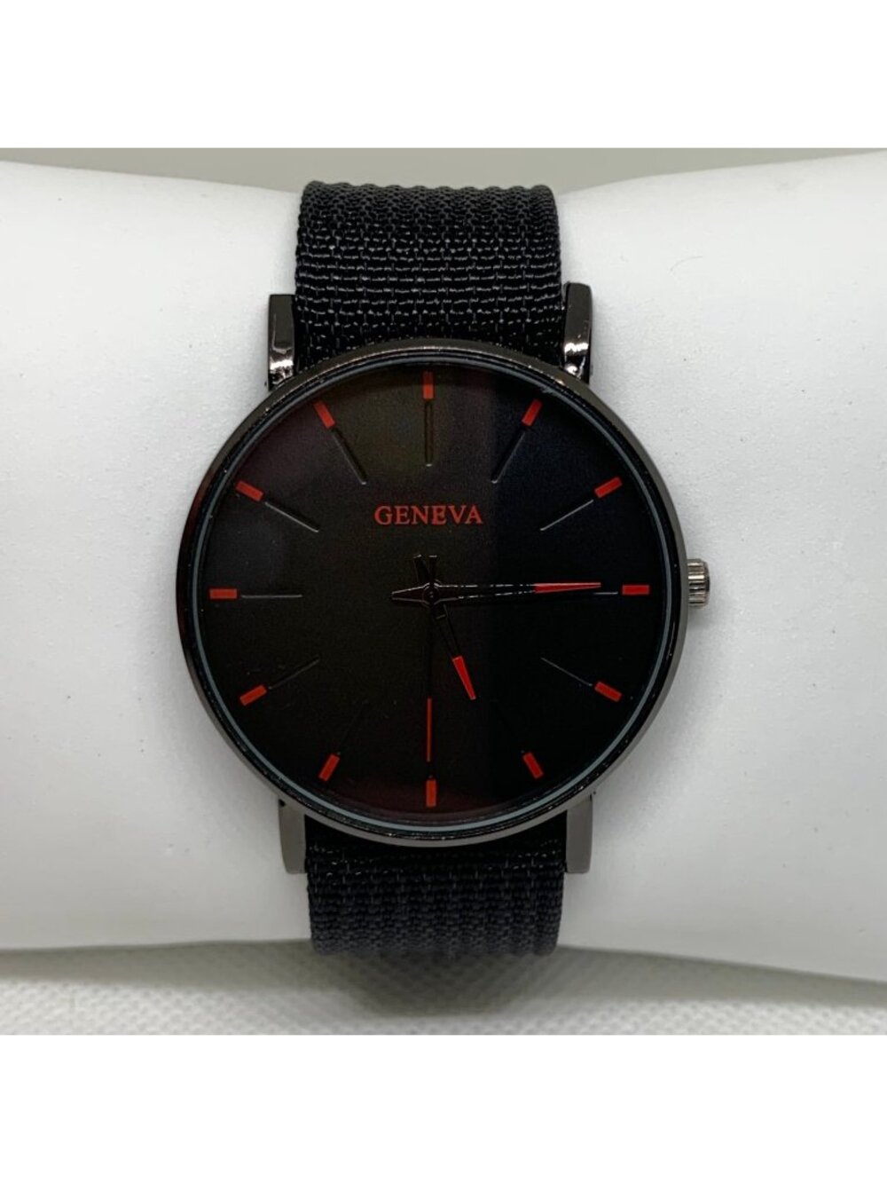 Geneva men’s black tone watch 40mm round case quartz analog nylon band running